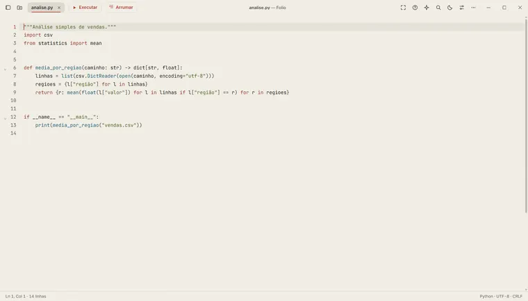 Arquivo de código Python aberto no Folio, com numeração de linhas.